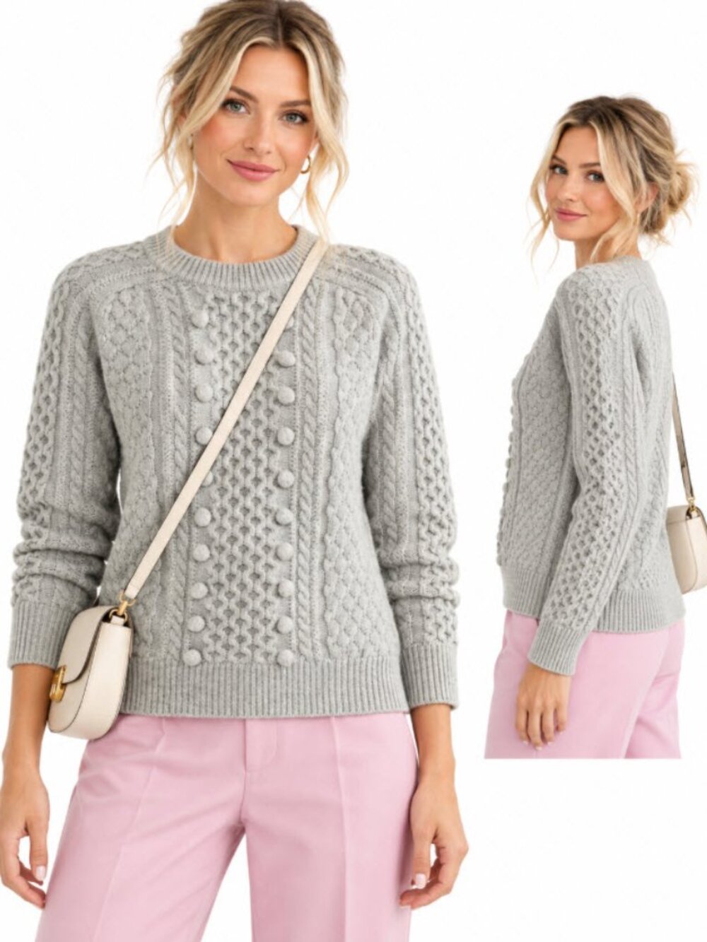 J Crew Lambswool Grey Cable Knit Sweater large Preppy Chic Fisherman Academia